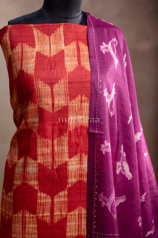 SCARLET & PURPLE SHIBORI TUSSAR SUIT SET