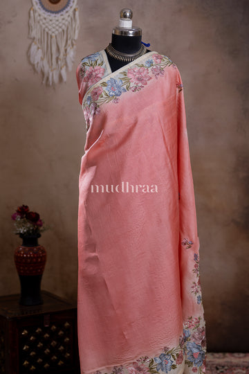 PEACH EMBROIDERED TUSSAR SILK SAREE