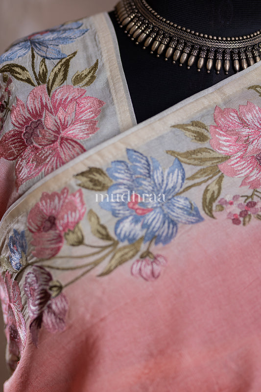 PEACH EMBROIDERED TUSSAR SILK SAREE