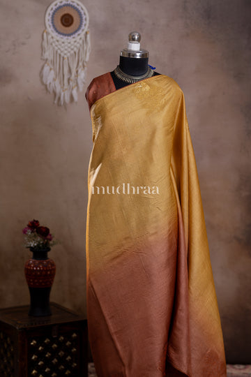 GOLDEN YELLOW & CHOCOLATE SHADED EMBROIDERED TUSSAR SILK SAREE