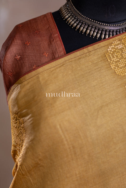 GOLDEN YELLOW & CHOCOLATE SHADED EMBROIDERED TUSSAR SILK SAREE
