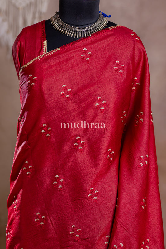 CHERRY EMBROIDERED TUSSAR SAREE