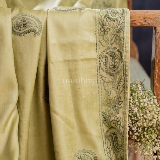 PISTACHIO CHIKANKARI TUSSAR SAREE