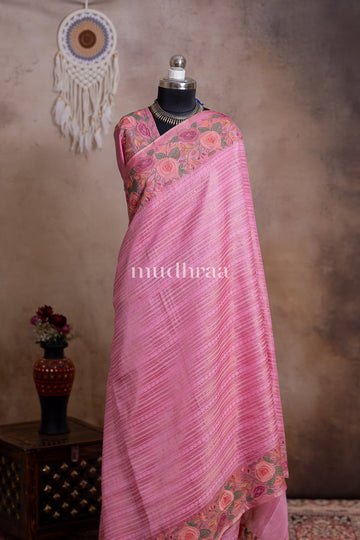 PINK FLORAL WOVEN TUSSAR SAREE