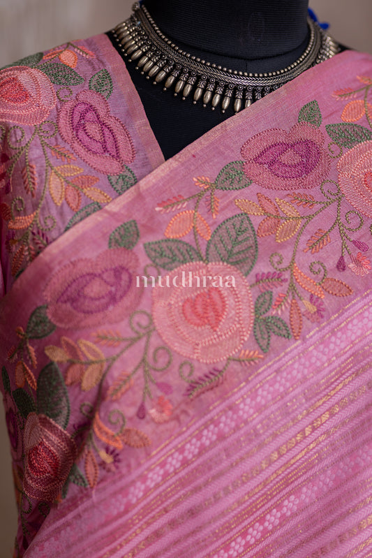 PINK FLORAL WOVEN TUSSAR SAREE