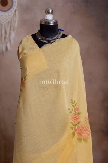 PASTEL YELLOW HAND EMBROIDERED MUL-CHANDERI SAREE