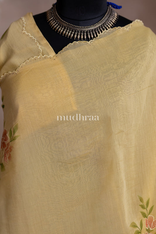 PASTEL YELLOW HAND EMBROIDERED MUL-CHANDERI SAREE