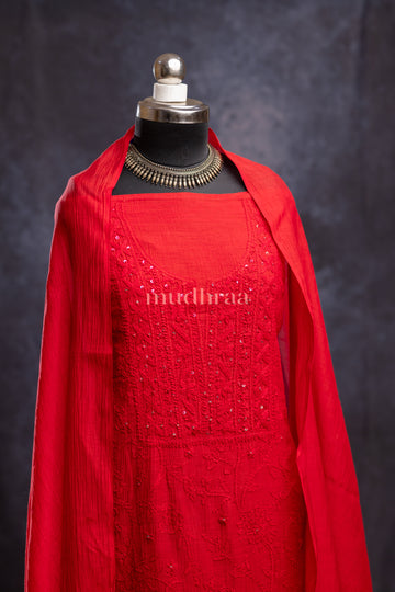 CRIMSON CHIKANKARI MUL-CHANDERI SUIT SET