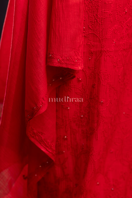 CRIMSON CHIKANKARI MUL-CHANDERI SUIT SET