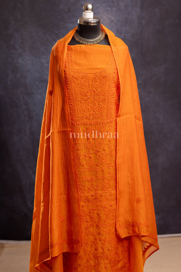 SAFFRON CHIKANKARI MUL-CHANDERI SUIT SET