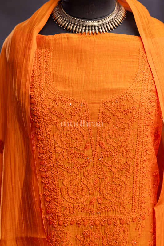SAFFRON CHIKANKARI MUL-CHANDERI SUIT SET