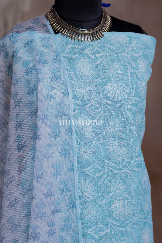 BABY BLUE TEPCHI CHIKANKARI KOTA SUIT SET