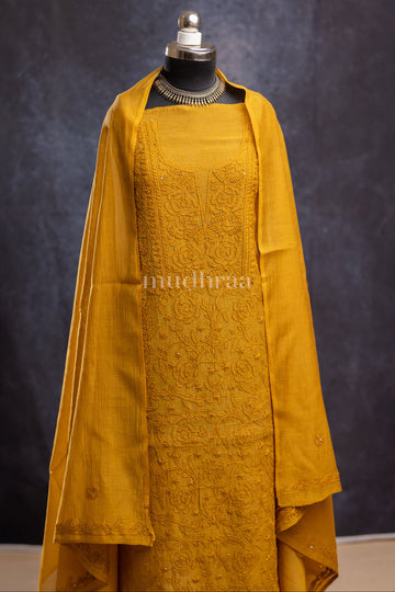 DIJON YELLOW CHIKANKARI MUL-CHANDERI SUIT SET