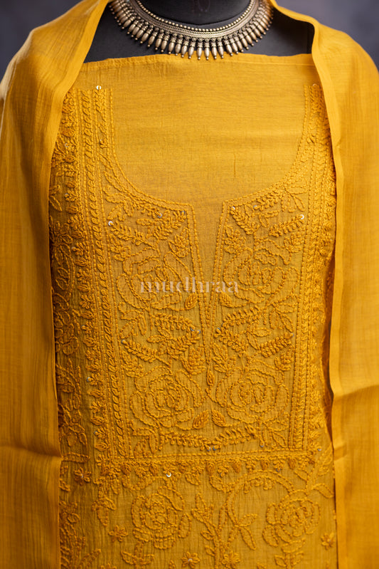 DIJON YELLOW CHIKANKARI MUL-CHANDERI SUIT SET