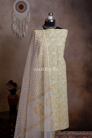 PASTEL LEMON TEPCHI CHIKANKARI KOTA SUIT SET