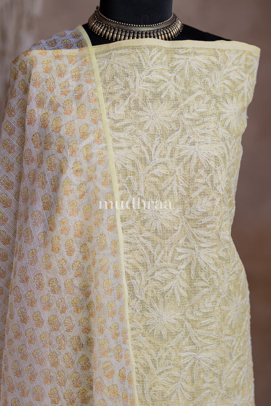 PASTEL LEMON TEPCHI CHIKANKARI KOTA SUIT SET