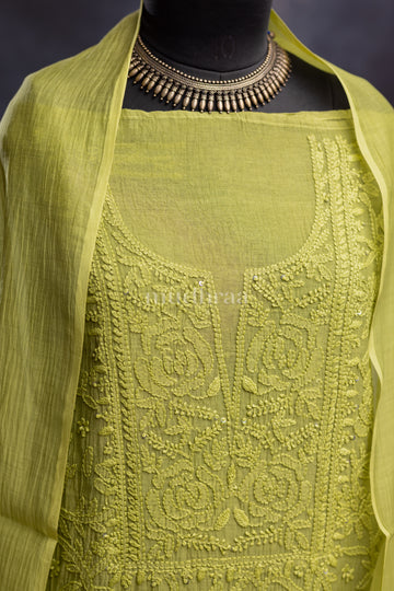 LEAF GREEN CHIKANKARI MUL-CHANDERI SUIT SET