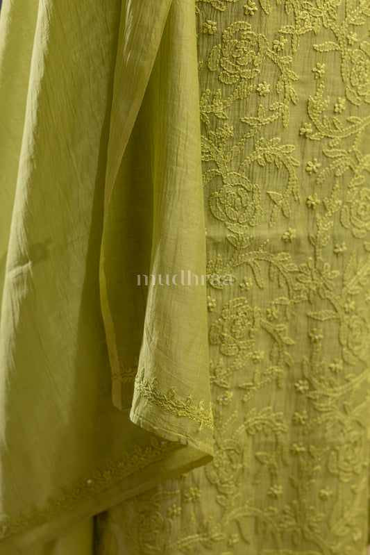 LEAF GREEN CHIKANKARI MUL-CHANDERI SUIT SET