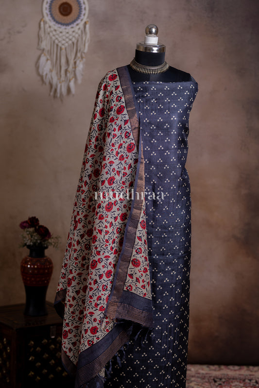 BLACK & WHITE POLKA TUSSAR SUIT SET