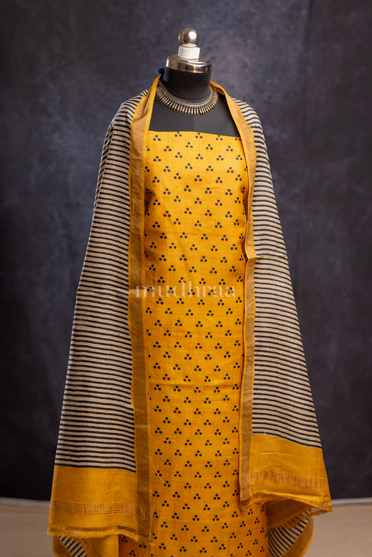 SUNSHINE YELLOW POLKA TUSSAR SUIT SET