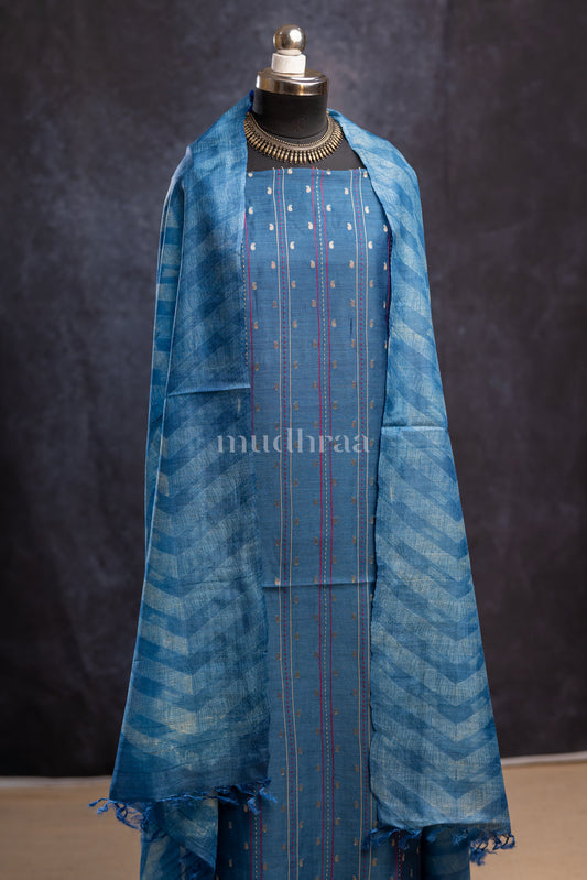 TURQUOISE WOVEN MOONGA TUSSAR SUIT