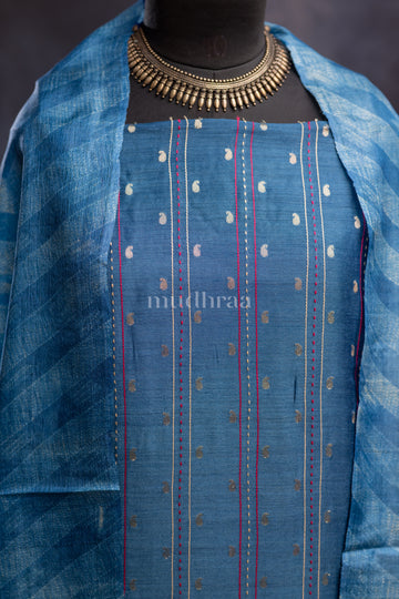 TURQUOISE WOVEN MOONGA TUSSAR SUIT