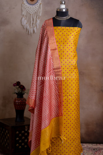 YELLOW & PINK POLKA TUSSAR SUIT SET