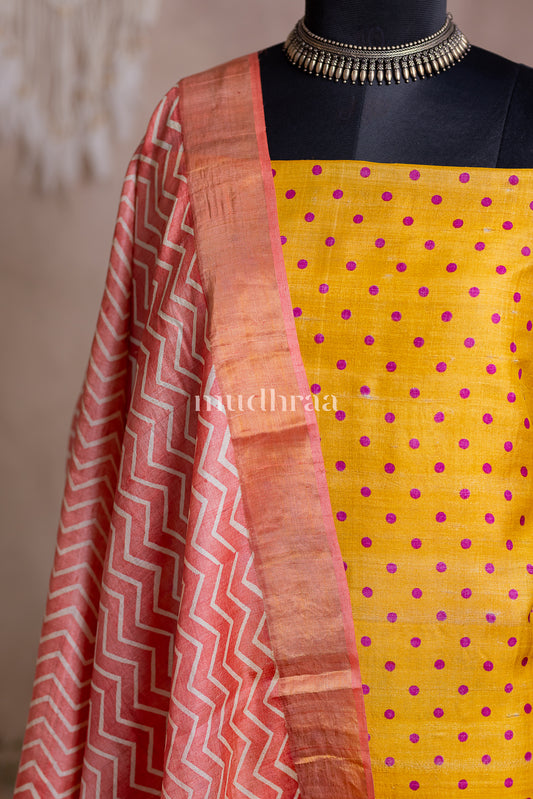 YELLOW & PINK POLKA TUSSAR SUIT SET