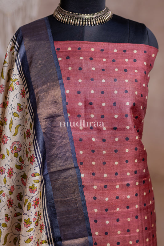 MAROON POLKA TUSSAR SUIT SET
