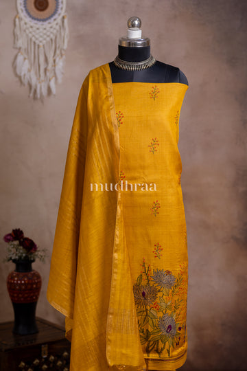 MUSTARD KANTHA EMBROIDERED TUSSAR SUIT SET
