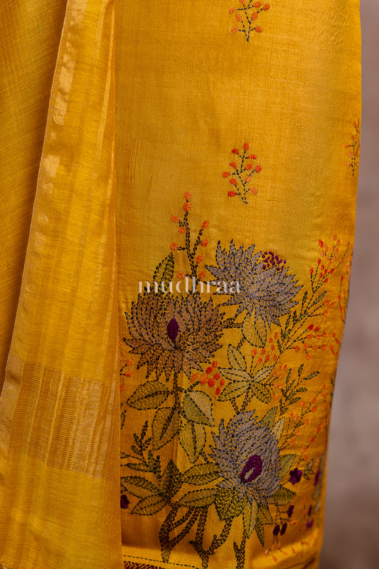 MUSTARD KANTHA EMBROIDERED TUSSAR SUIT SET