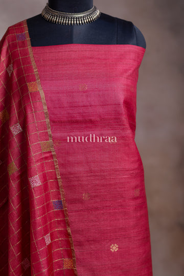 DEEP ROUGE PINK ZARI BUTA TUSSAR SILK SUIT SET