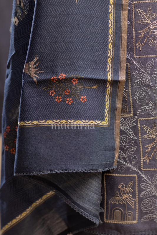 MIDNIGHT BLUE PICHWAI EMBROIDERED MOONGA SILK SUIT SET
