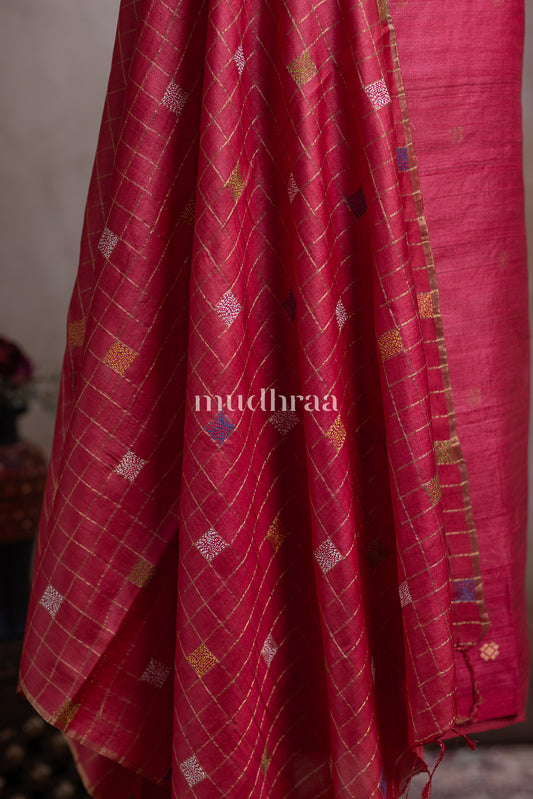 DEEP ROUGE PINK ZARI BUTA TUSSAR SILK SUIT SET