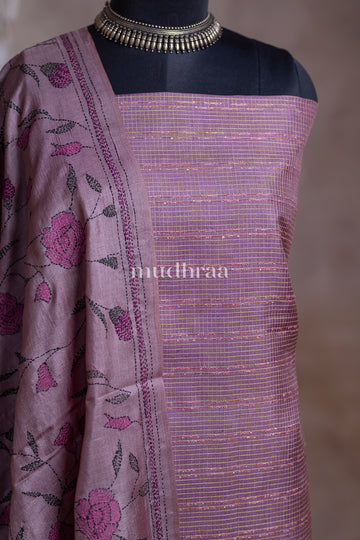 LAVENDER WOVEN KANTHA TUSSAR SUIT SET