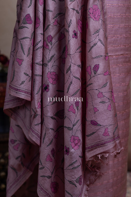LAVENDER WOVEN KANTHA TUSSAR SUIT SET