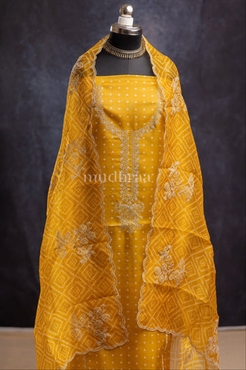GOLDEN MUSTARD BANDHANI EMBROIDERED TUSSAR SUIT SET