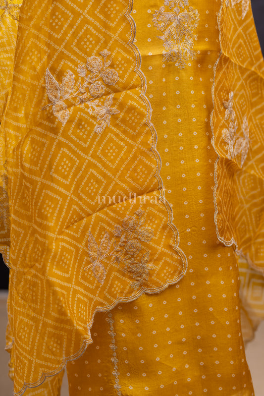 GOLDEN MUSTARD BANDHANI EMBROIDERED TUSSAR SUIT SET