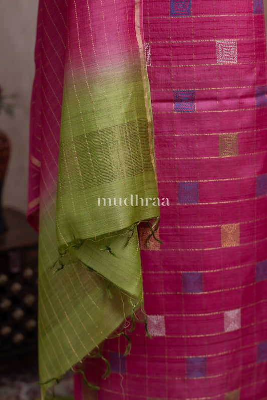 BARBIE PINK & GREEN TUSSAR SUIT SET