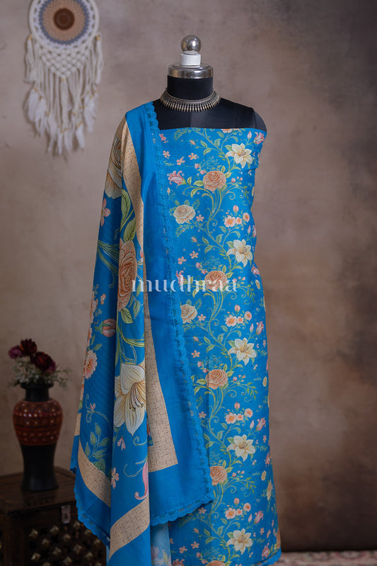 SKY BLUE FLORAL CHANDERI SUIT SET