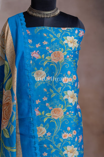 SKY BLUE FLORAL CHANDERI SUIT SET