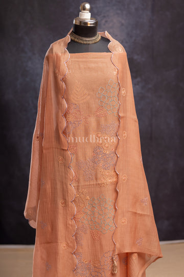 LIGHT TAUPE HAND EMBROIDERED MUL-CHANDERI SUIT SET