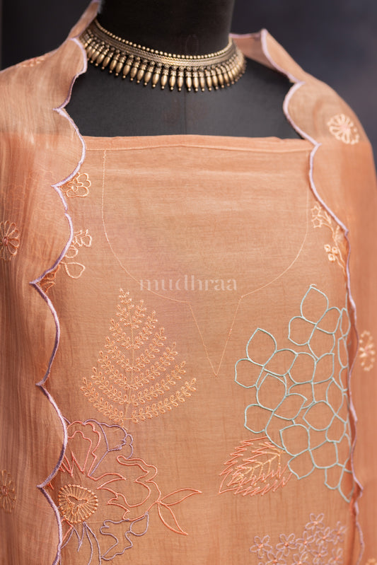 LIGHT TAUPE HAND EMBROIDERED MUL-CHANDERI SUIT SET