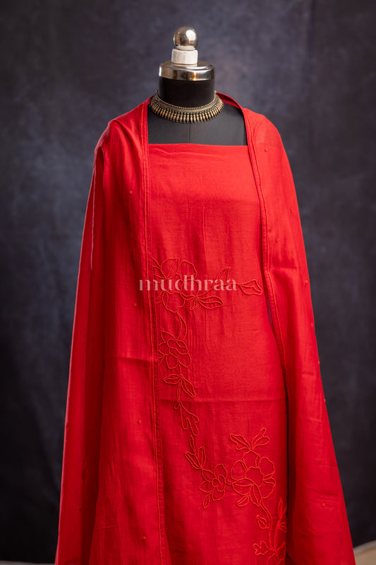 HIBISCUS MUL CHANDERI EMBROIDERED SUIT SET