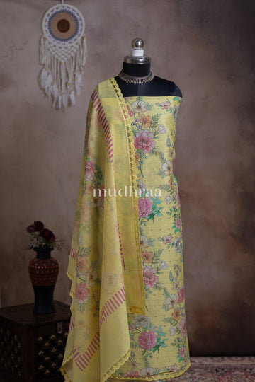 YELLOW FLORAL CHANDERI SUIT SET