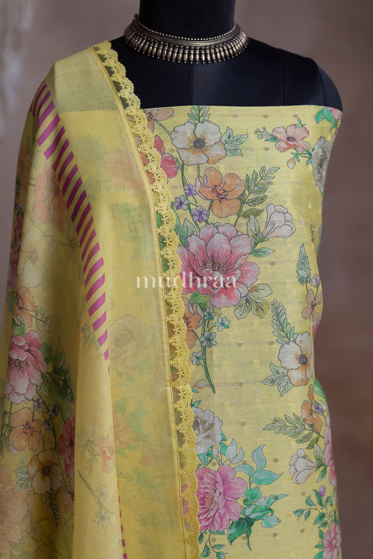 YELLOW FLORAL CHANDERI SUIT SET