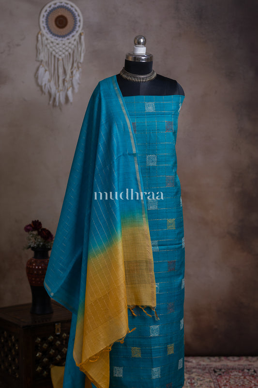 TURQUOISE & YELLOW TUSSAR SUIT SET