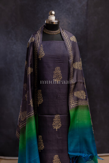 NAVY-GREEN HAND BLOCK PRINTED TUSSAR SUIT