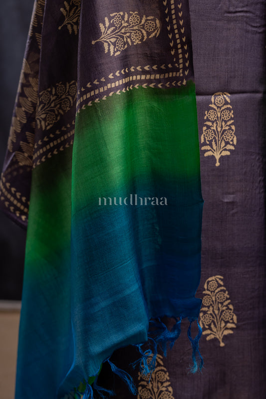 NAVY-GREEN HAND BLOCK PRINTED TUSSAR SUIT