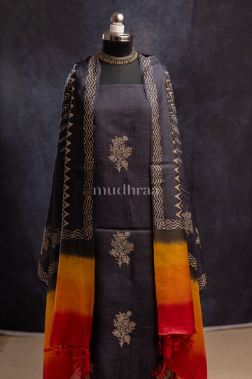 NAVY-YELLOW HAND BLOCK PRINTED TUSSAR SUIT